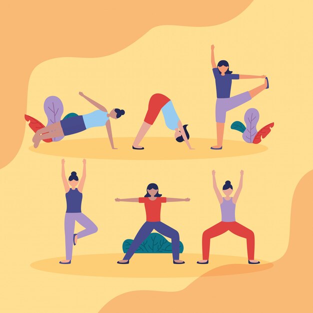 Yoga de personas al aire libre en estilo plano