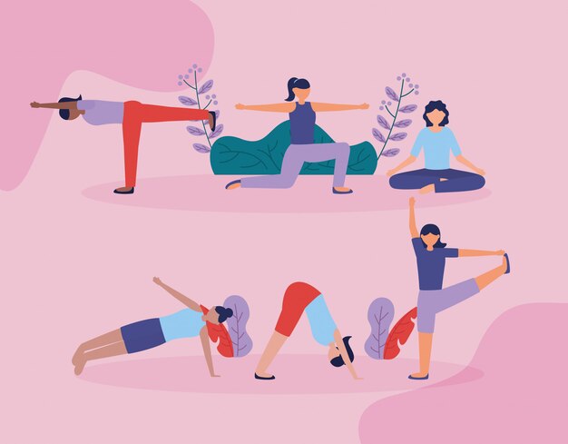 Yoga de personas al aire libre en estilo plano