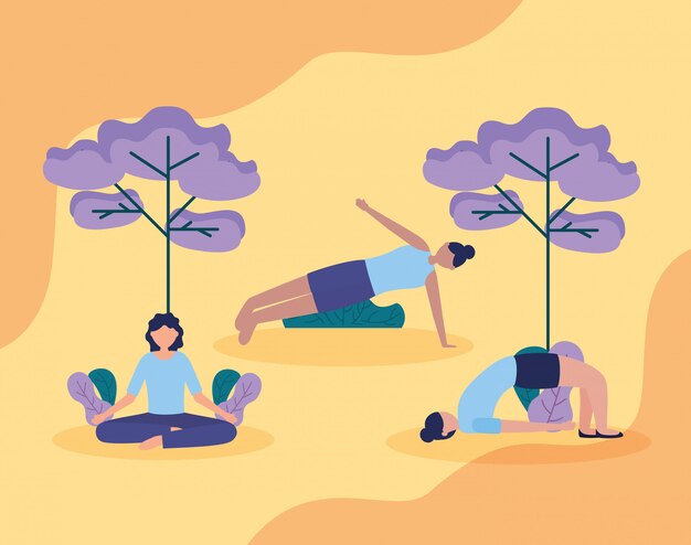 Yoga de personas al aire libre en estilo plano