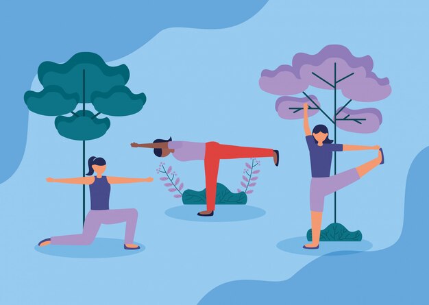 Yoga de personas al aire libre en estilo plano