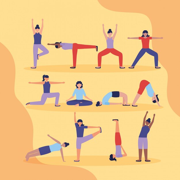 Yoga de personas al aire libre en estilo plano