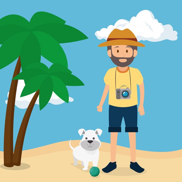 Youn hombre con perro en la playa