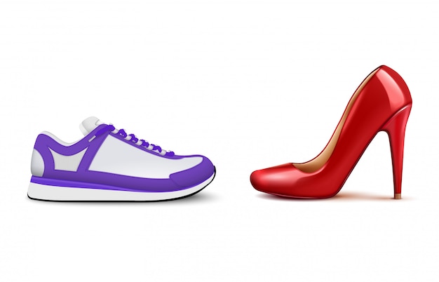 Zapatillas de deporte vs tacones altos composición realista que muestra la creciente popularidad de la mujer calzado casual cómodo