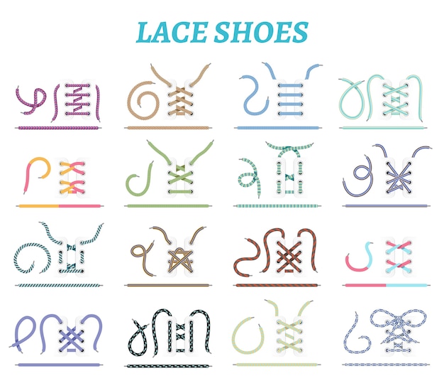 Zapatos deportivos zapatillas y botas técnicas de cordones Colección de 16 iconos para pies anchos y estrechos aislados