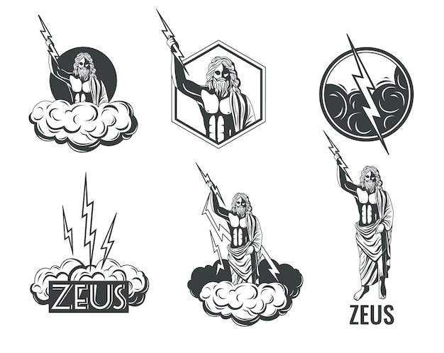 Vector gratuito zeus dios olímpico griego con relámpagos emblemas en blanco y negro conjunto aislado en la ilustración de vector de fondo blanco