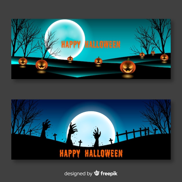 Vector gratuito zombie cementerio de mano y calabaza pancartas de halloween