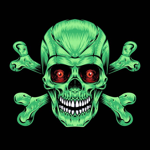 Zombie de cráneo verde con el logotipo de los huesos cruzados