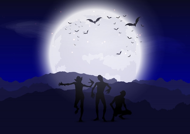 Vector gratuito zombies de halloween contra el cielo iluminado por la luna