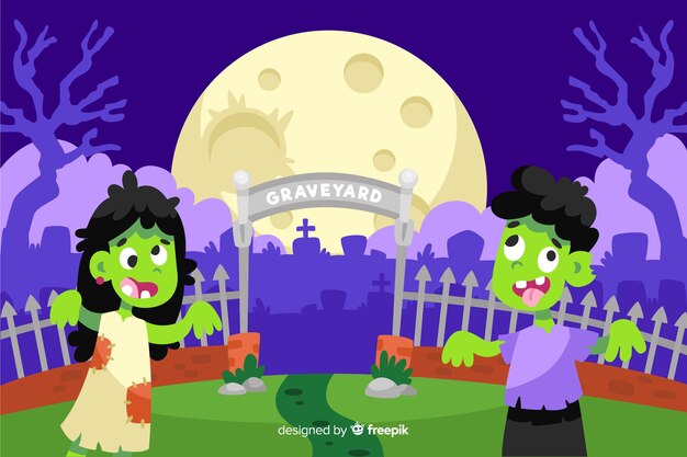 Vector gratuito zombis delante de un cementerio de fondo de halloween