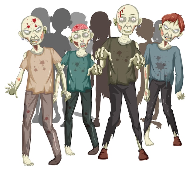 Zombis espeluznantes caminando sobre fondo blanco