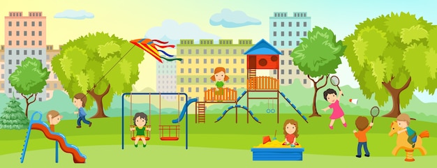 Zona de juegos con composición infantil con niños y adultos relajarse en el parque en el patio de recreo