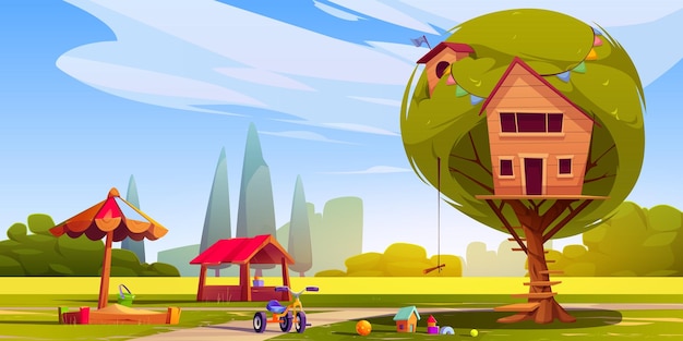 parque infantil parque público paisaje con tobogán, columpio, bicicleta y  juguetes ilustración de dibujos animados 13308674 Vector en Vecteezy