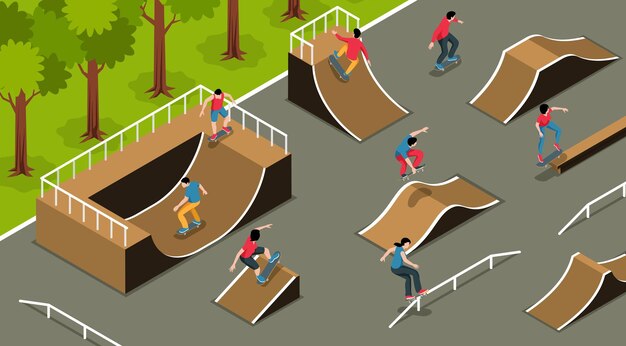 Zona de juegos urbana para el fondo isométrico de deportes extremos con rampas de parque de patinaje e ilustración de patinaje y patineta para adolescentes