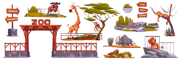 Vector gratuito zoo paisaje elementos dibujos animados vector conjunto aislado