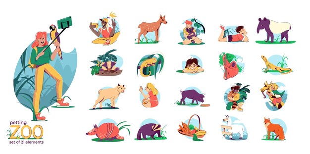 Zoológico de mascotas con composiciones aisladas planas de turistas de estilo de dibujos animados y animales salvajes en la ilustración de vector de hábitat