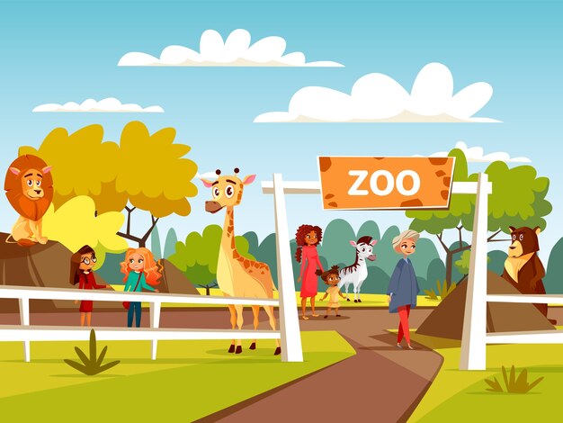 Zoológico o diseño de dibujos animados de zoológico interactivo. Animales salvajes y visitantes de zoológico abierto