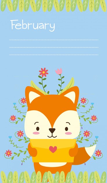 Zorro con carta de amor de dibujos animados de animales lindos y estilo plano, ilustración