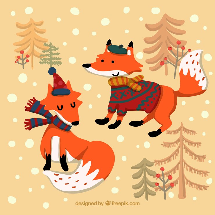 Vector gratuito zorros de invierno de dibujos animados