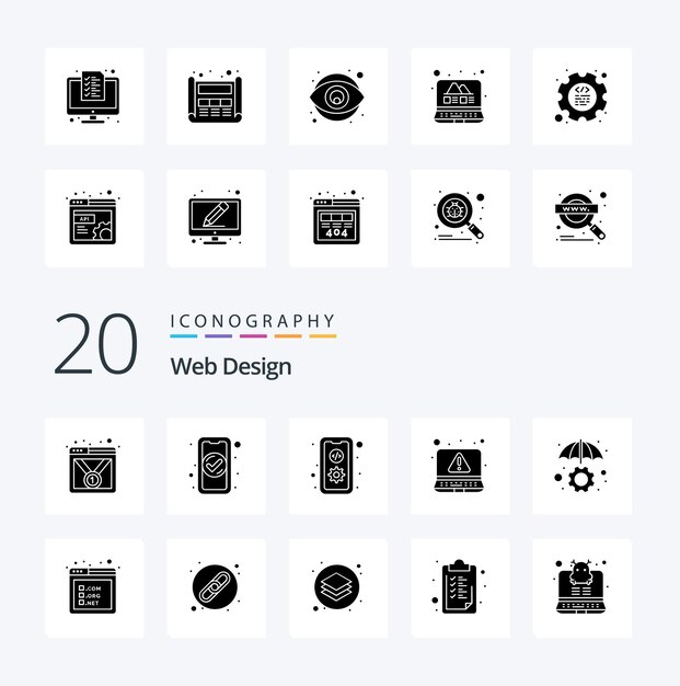 20 Web Design Solid Glyph icon Pack like insurance error access alert mobile