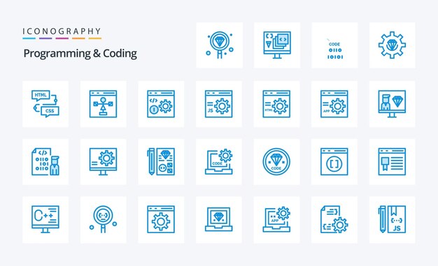 25 programming and coding blue icon pack vector icons illustration