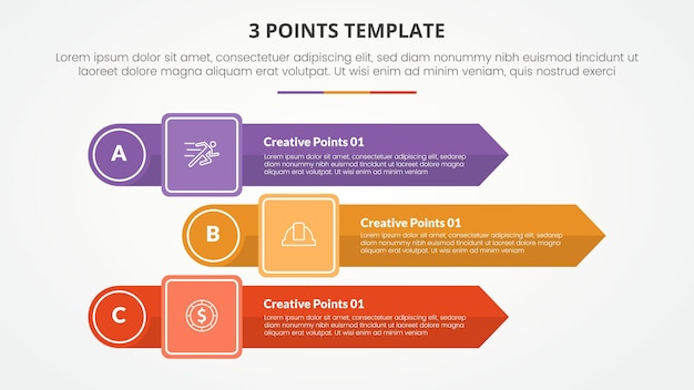 3 points stage template infographic concept for slide presentation with rectangle arrow stack with circle edge with 3 point list with flat style