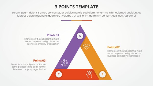 3 points stage template infographic concept for slide presentation with triangle cycle circular sharp edge with 3 point list with flat style