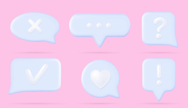 3d chat speech bubbles text boxes for dialog messages or comments in social media app Talk clouds different shapes with icons of check and cross marks heart and question sign vector illustration
