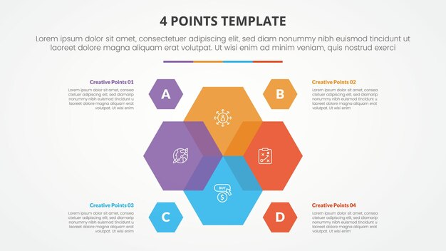 4 points stage list template infographic concept for slide presentation with venn blending hexagon cycle circular with flat style
