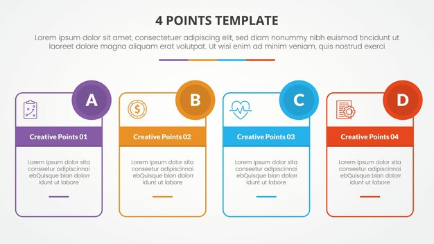 4 points stage template infographic concept for slide presentation with outline box and circle badge 4 point list with flat style vector