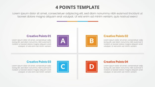 4 points stage template infographic concept for slide presentation with square base and cross line center 4 point list with flat style vector