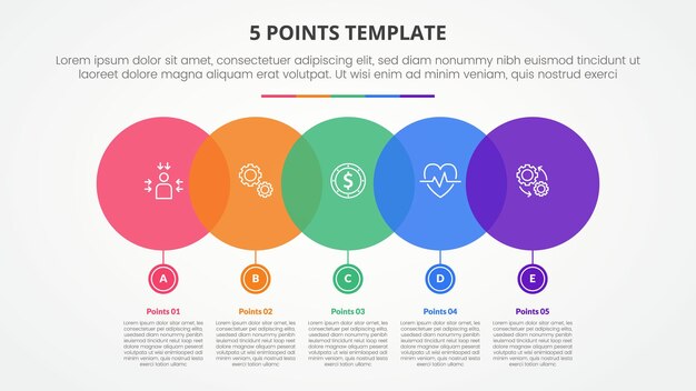 5 points stage template infographic concept for slide presentation with big circle horizontal with small on bottom with 5 point list with flat style