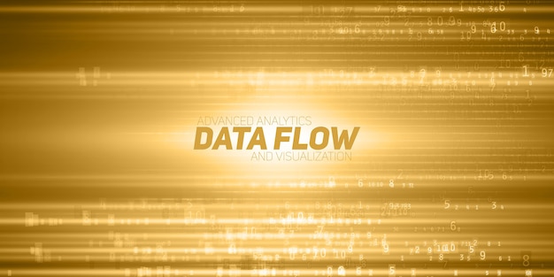 abstract big data visualization. Yellow flow of data as numbers strings. Information code representation. Cryptographic analysis.