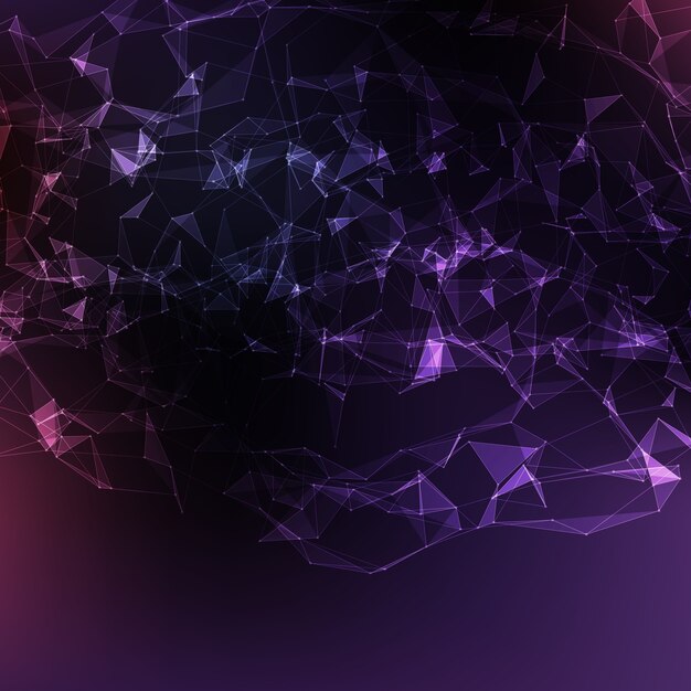 Abstract vector violet mesh background. Chaotically connected points and polygons flying in space. Flying debris. Futuristic technology style card. Lines, points, planes. Futuristic design.