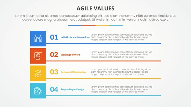 agile values infographic concept for slide presentation with boxed creative rectangle stack with 4 point list with flat style