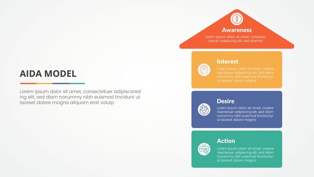 AIDA marketing model infographic concept for slide presentation with arrow top direction and box stack structure with 4 point list with flat style