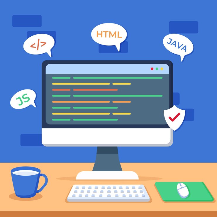 Miễn phí Vector app development concept with desk and desktop