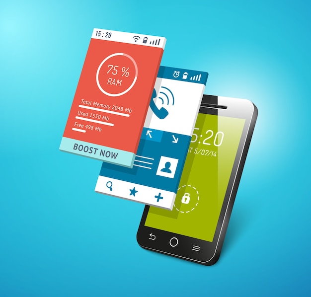 Application on smartphone screen. Different apps interfaces on display vector
