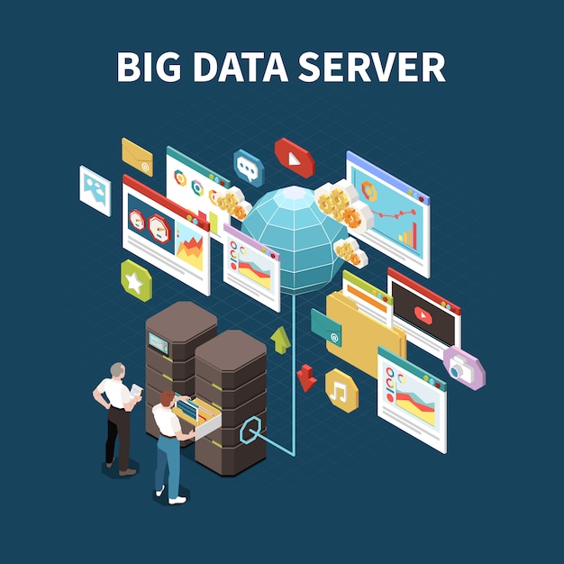 big data analytics isolated composition with dig data server headline and elements of cloud storage  illustration