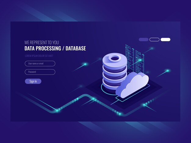 Big data flow processing concept, cloud database, web hosting and server room icon