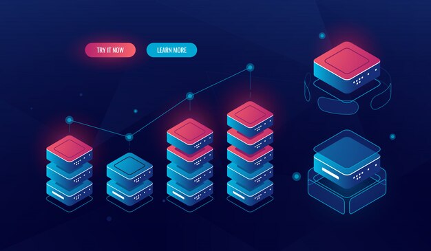 big data processing isometric graph diagram, inform analysis and statistics, technology objects
