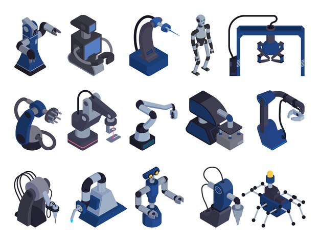 Bộ biểu tượng màu tự động hóa robot với hình ảnh isometric cô lập của bộ xử lý robot chuyên dụng và hình minh họa vector về cánh tay thao tác