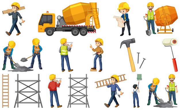 Bộ công nhân xây dựng với mọi người và công cụ