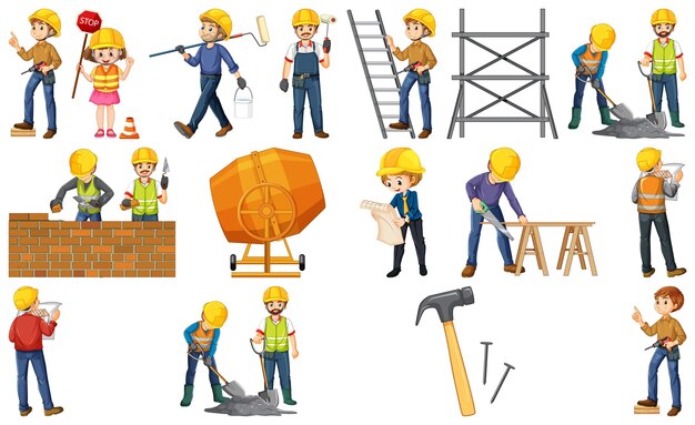 Bộ công nhân xây dựng với người và công cụ