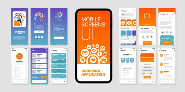Bộ màn hình di động với giao diện người dùng của ứng dụng mua sắm phẳng biệt lập