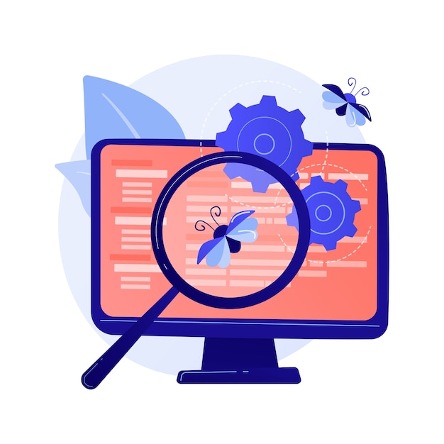 Bug fixing and software testing. Computer virus searching tool. Develops, web optimization, antivirus app. Magnifier, cogwheel and monitor design element concept illustration