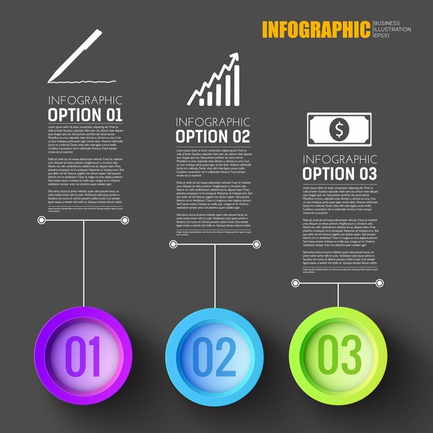 Business development infographic layout with three option descriptions and colored numbered buttons
