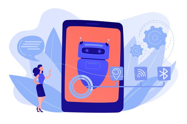 business woman chatting with messages to chatbot application. chatbot virtual assistant, smartphone assistant app, message chatbot concept