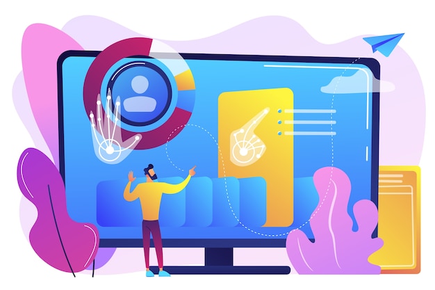 businessman and computer recognising and interpreting human gesures as commands. gesture recognition, gestures commands, hands-free control concept. bright vibrant violet  isolated illustration