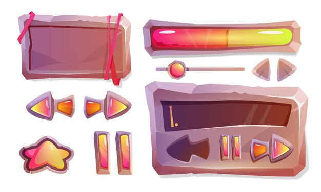 Cartoon stone game buttons gui or ui design elements