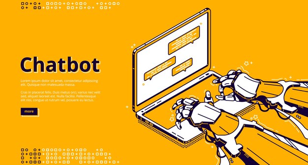 Chatbot with artificial intelligence typing message in support chat. Virtual assistant with ai, digital service for online communication. landing page with isometric robot hands and laptop